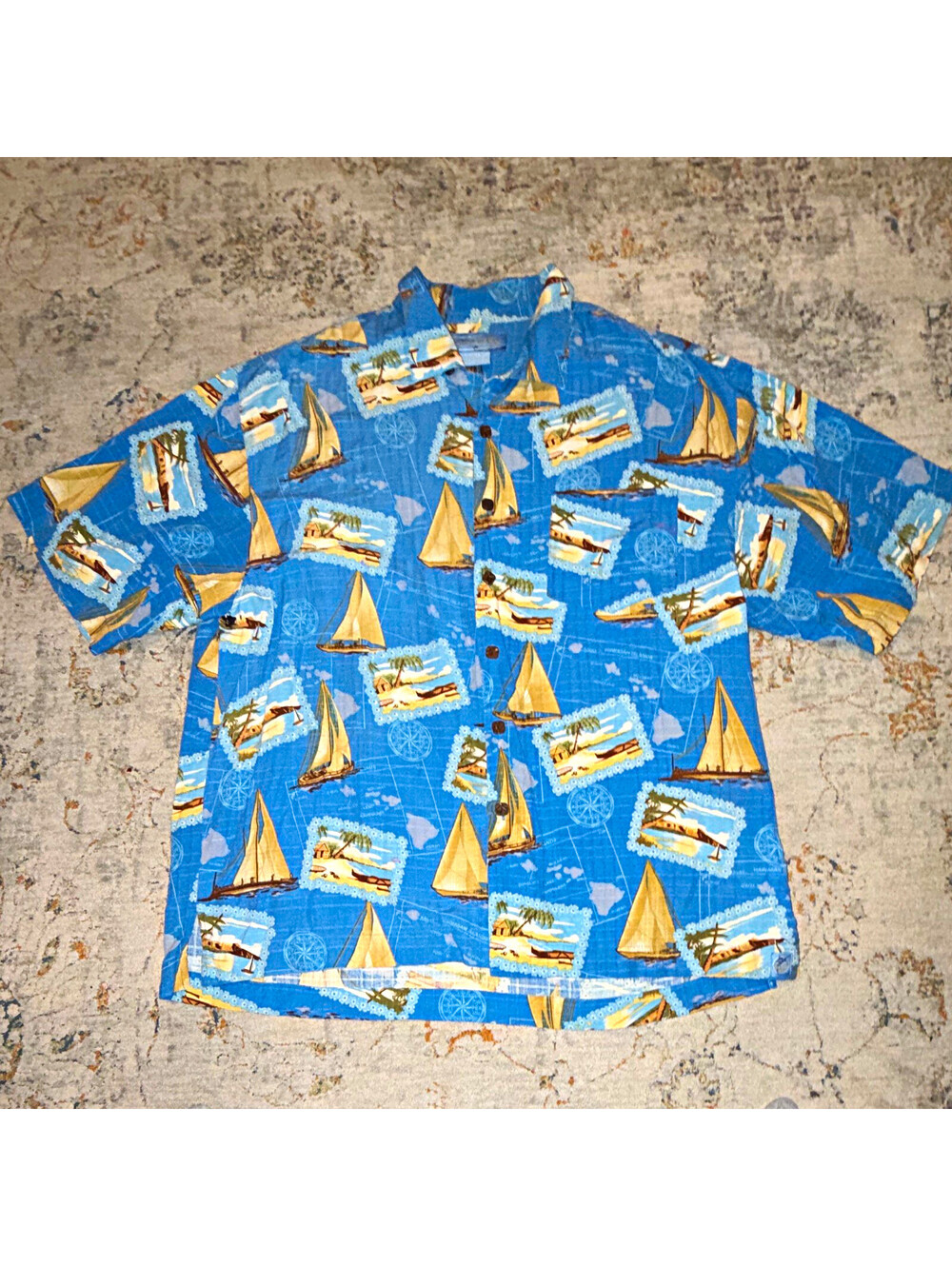 Bermuda Bay Men's Woven Silk Button-Up Shirt Short Sleeve XL Blue Sailboat A391